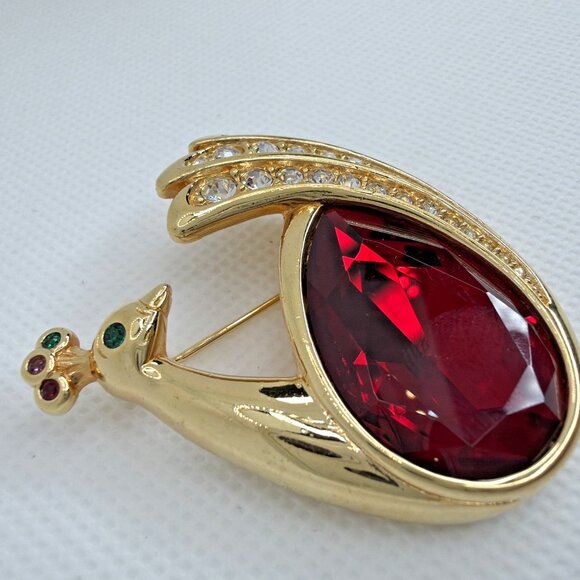Swarovski Retired Peacock Brooch Vintage Gold Tone Red Crystal Swan Signed Rare - Picture 2 of 10